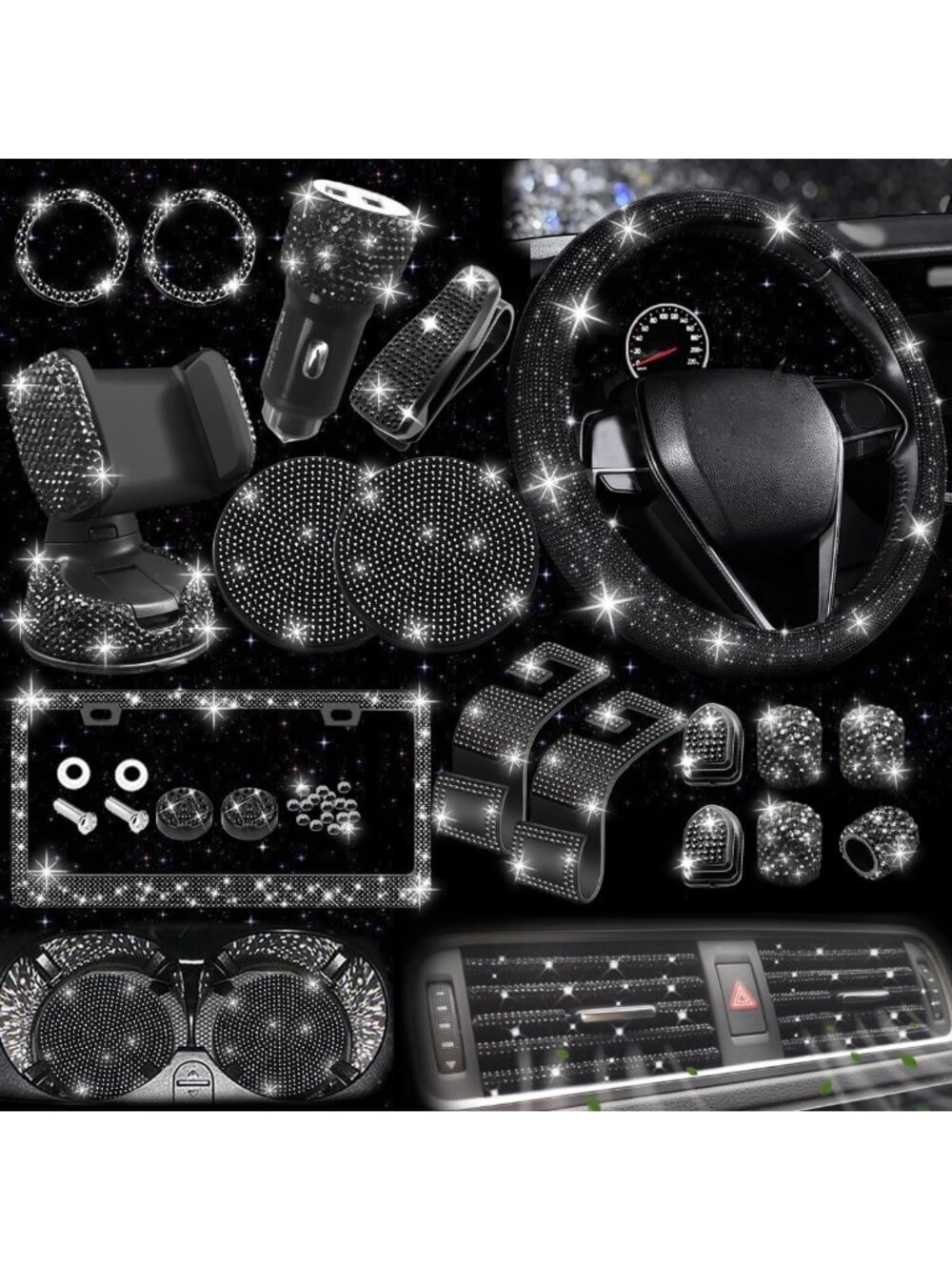 27-Piece Black Bling Car Accessories Set for Women | Steering Wheel Cover, Phone